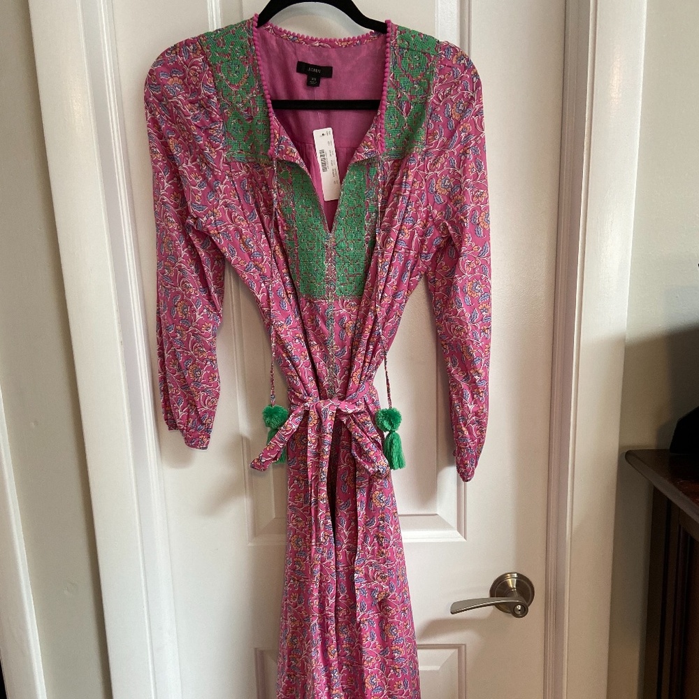 JCrew Belted tunic dress in pink vines block print